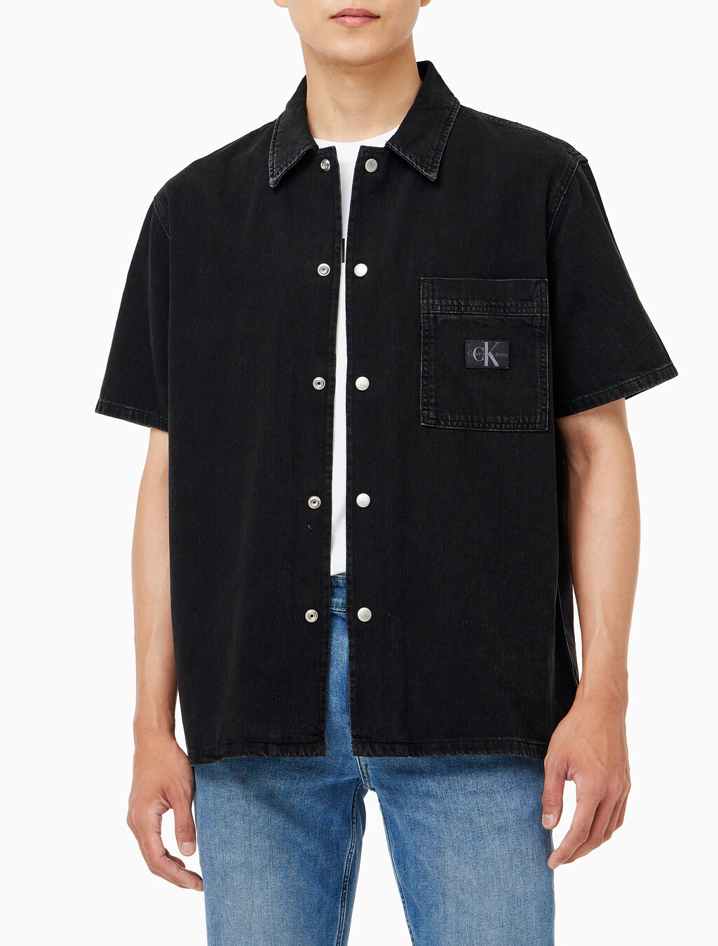 Buy 남성 데님 캠프 반팔 셔츠 in color WASHED BLACK LOGO LACE