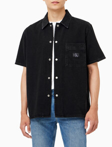 Buy 남성 데님 캠프 반팔 셔츠 in color WASHED BLACK LOGO LACE