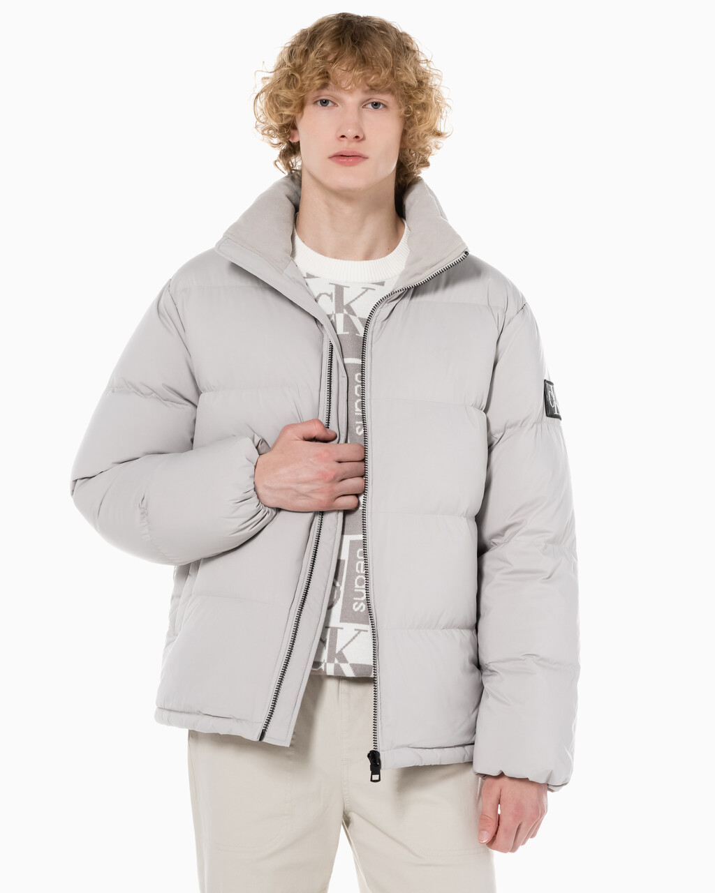Buy 남성 레귤러핏 스탠드 카라 숏 다운 푸퍼 재킷 in color GREY