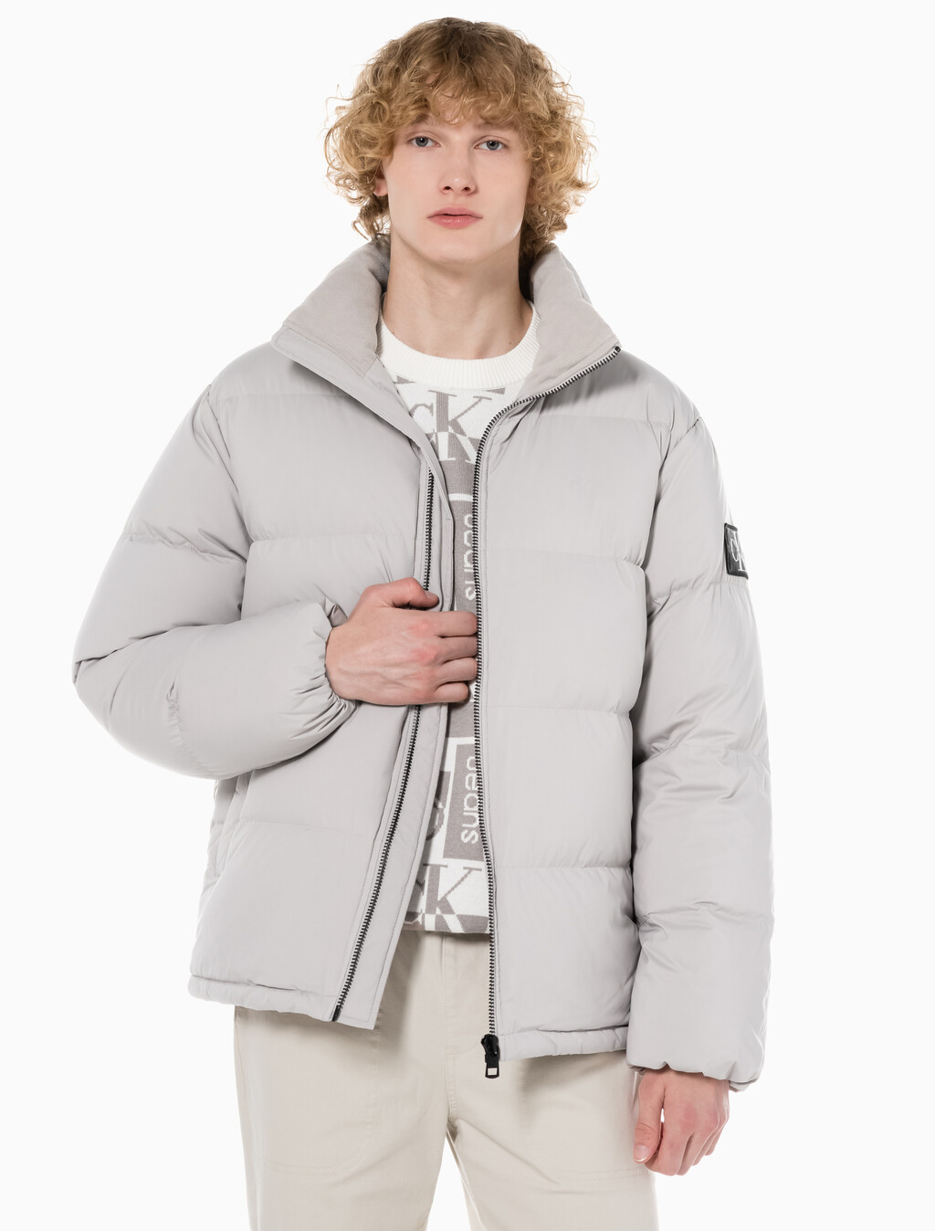 Buy 남성 레귤러핏 스탠드 카라 숏 다운 푸퍼 재킷 in color GREY