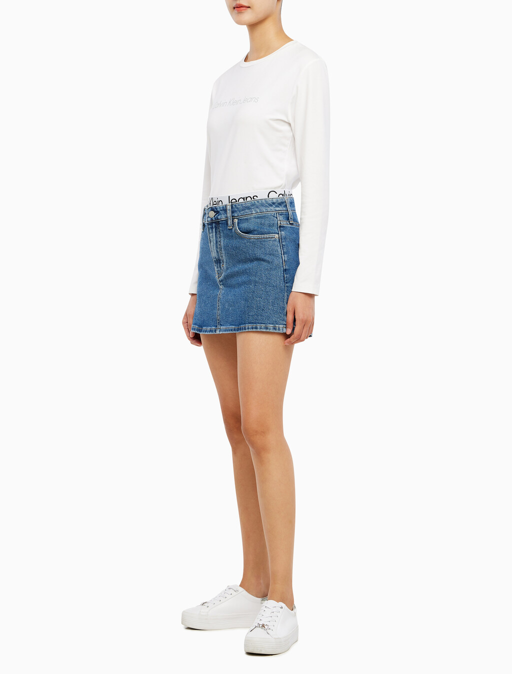 Buy 여성 로우 라이즈 A라인 데님 스커트 in color MID BLUE BACK EMBRO