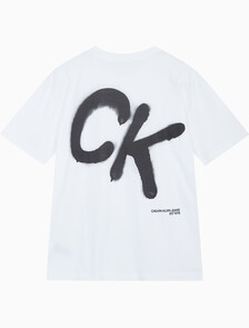 Buy 남성 릴렉스핏 CK 스프레이 로고 반팔 티셔츠 in color BRIGHT WHITE