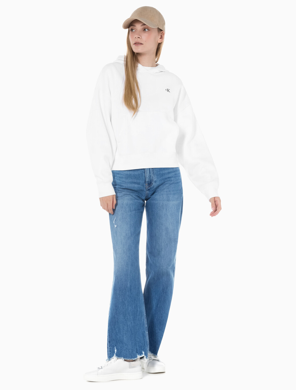 Buy 여성 하이라이즈 와이드핏 미드블루 데님 in color MID BLUE BACK EMBRO