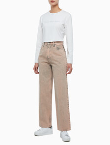 Buy 여성 하이라이즈 릴렉스핏 얼스 핑크 칼라 데님 in color MID BLUE BACK EMBRO