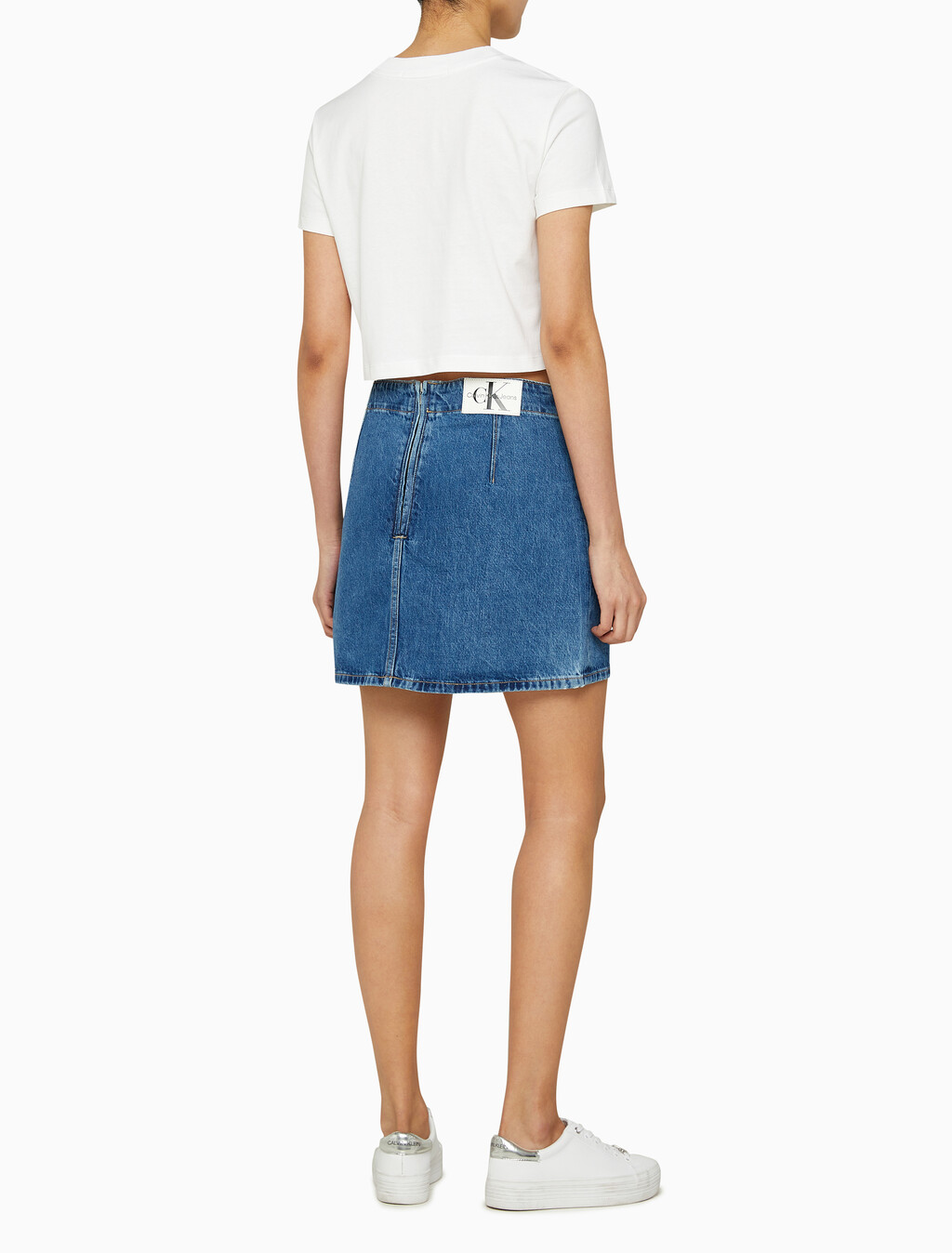 Buy 여성 미드라이즈 A라인 다티드 미니 스커트 in color MID BLUE BACK EMBRO