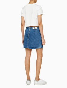 Buy 여성 미드라이즈 A라인 다티드 미니 스커트 in color MID BLUE BACK EMBRO