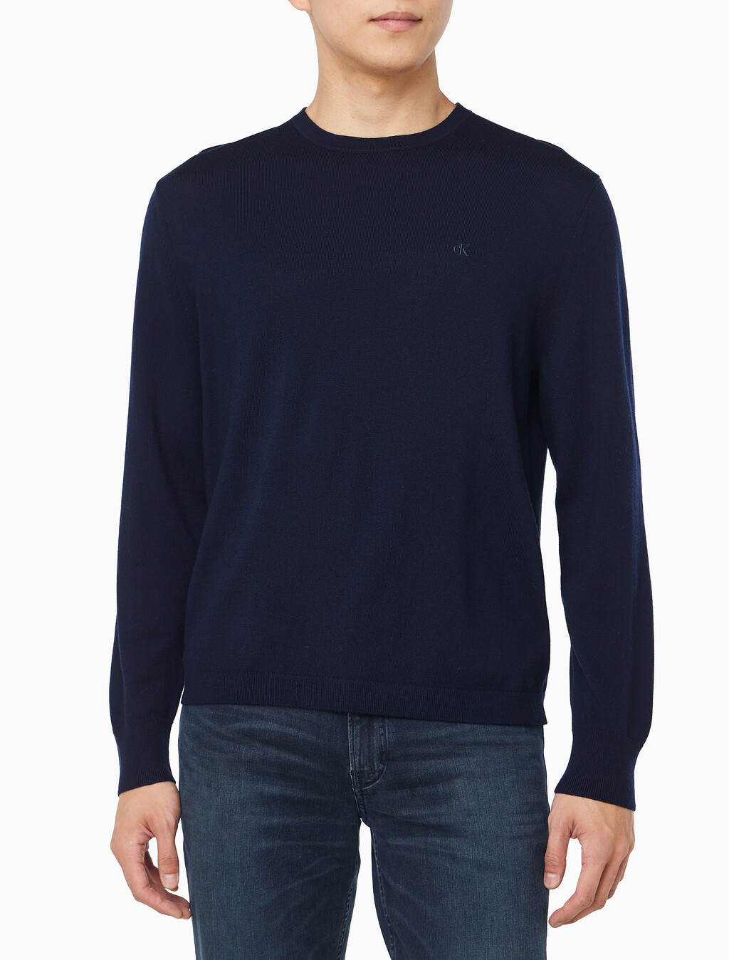 Buy 남성 메리노 울 크루넥 스웨터 in color DARK SAPPHIRE