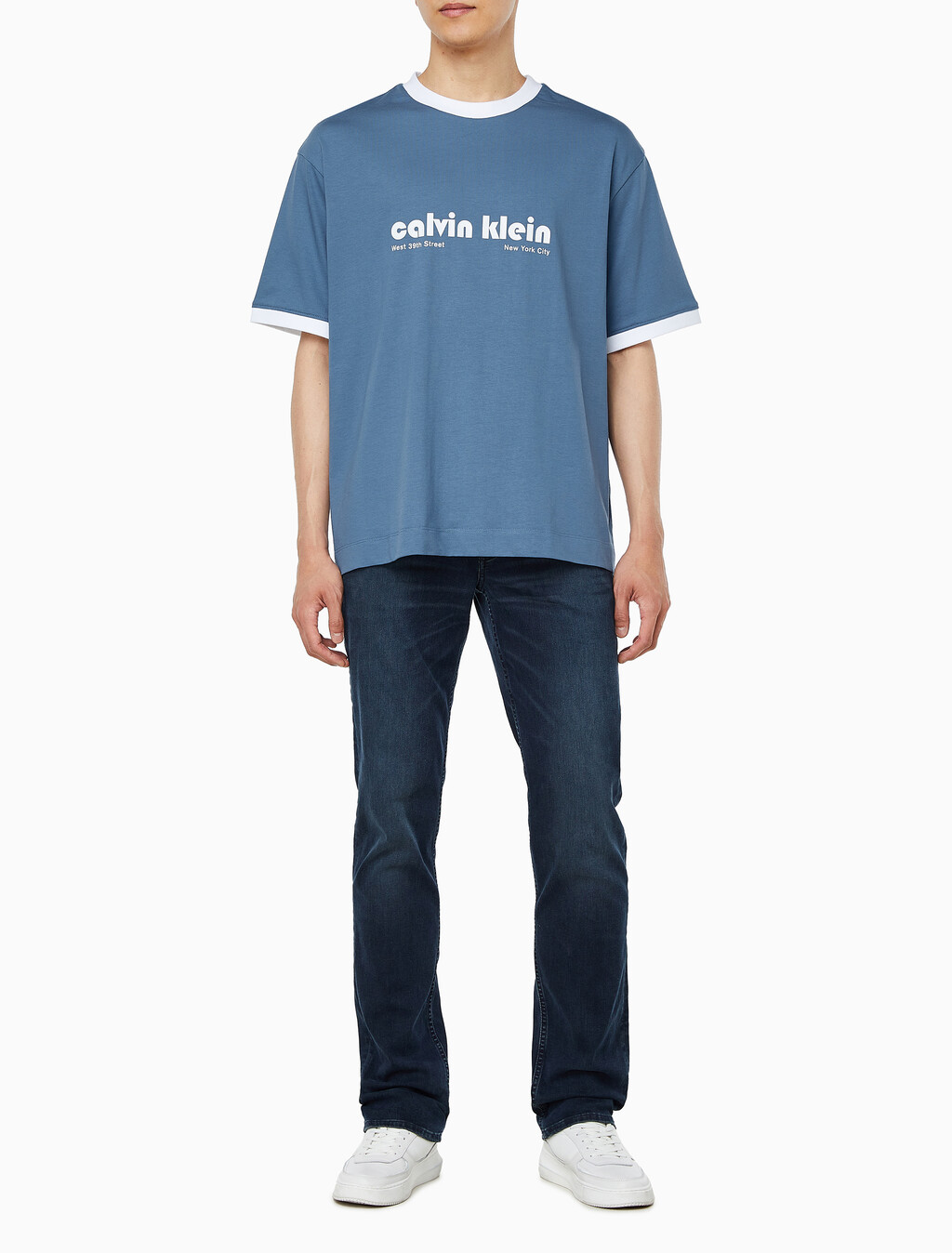 Buy 남성 릴렉스핏 레트로 로고 링거 반팔 티셔츠 in color BLUEFIN