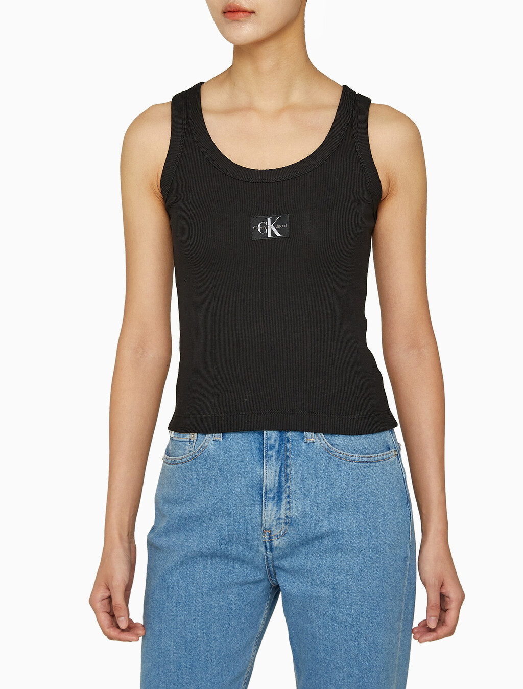 Buy 여성 우븐 라벨 립 탱크 탑 in color CK BLACK