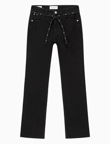Buy 여성 하이라이즈 바디 부츠핏 앵클 블랙 기모 데님 in color WASHED BLACK LOGO LACE