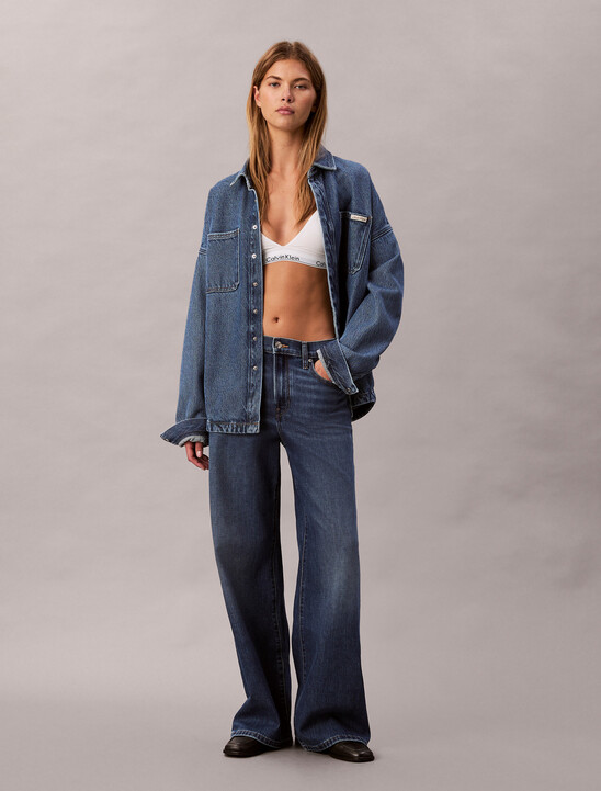 여성 와이드 레그핏 다크 블루 데님