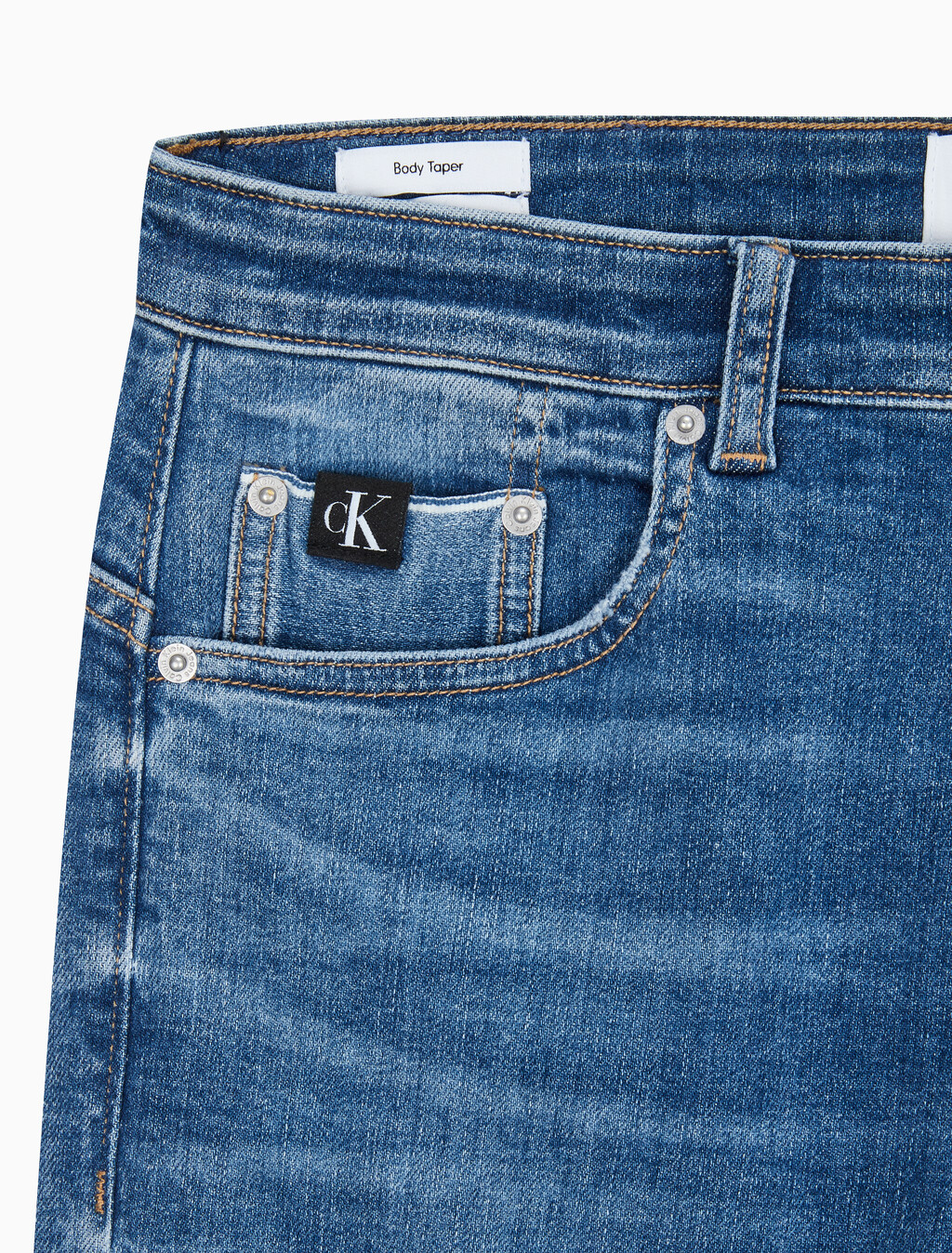 Buy 남성 바디 테이퍼핏  미드블루 이탤리언 데님 in color MID BLUE BACK EMBRO
