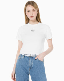 Buy 여성 로고 뱃지 크롭 반팔 티셔츠 in color BRIGHT WHITE