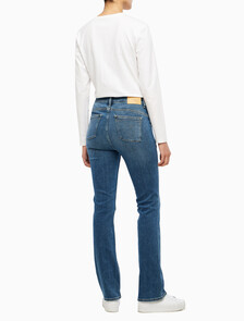 Buy 여성 하이라이즈 슬림 부츠핏 앵클 미드블루 이탈리안 데님 in color MID BLUE BACK EMBRO