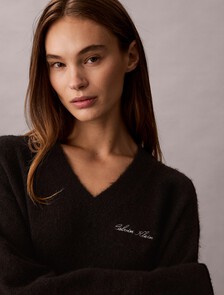 Buy 여성 믹스 미디어 브이넥 스웨터 원피스 in color BLACK