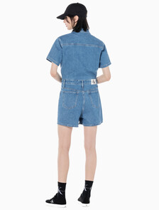 Buy 여성 미드블루 데님 숏 오버롤 in color MID BLUE BACK EMBRO