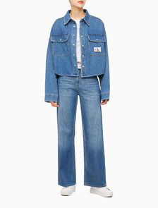 Buy 여성 오버사이즈핏 미드블루 크롭 데님 재킷 in color MID BLUE BACK EMBRO