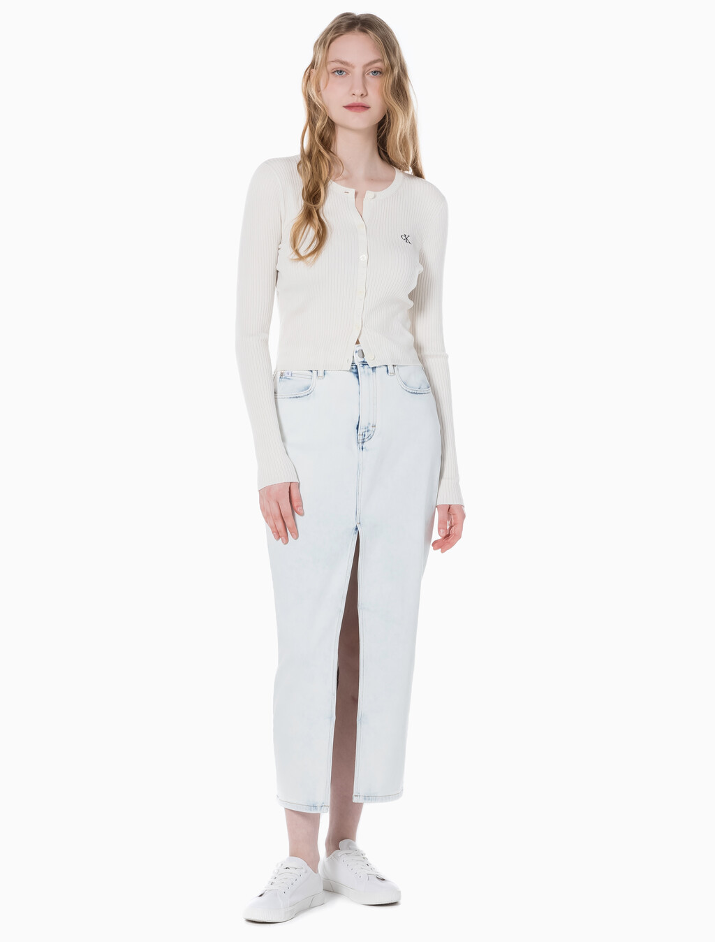 Buy 여성 프론트 스플릿 맥시 데님 스커트 in color CHALKY BLUE