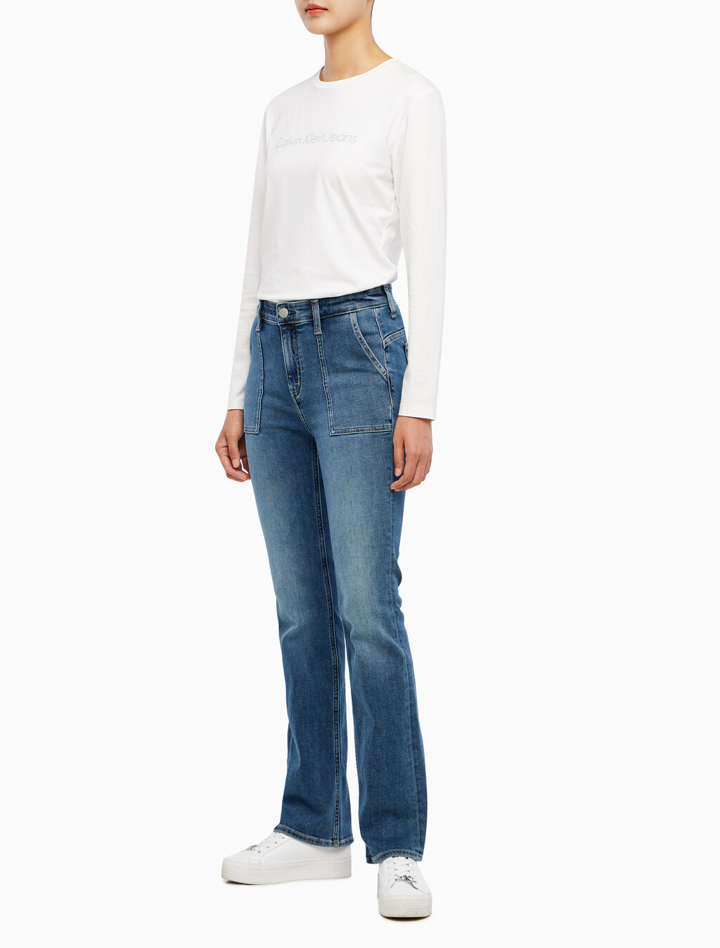 Buy 여성 하이라이즈 슬림 부츠핏 앵클 미드블루 이탈리안 데님 in color MID BLUE BACK EMBRO