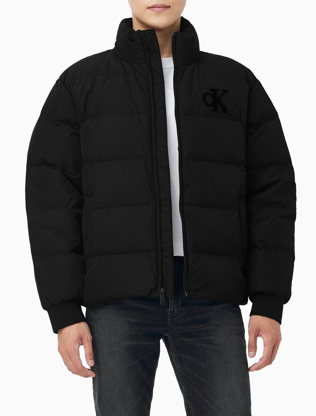Buy 남성 셔닐 스탠드 카라 다운 푸퍼 자켓 in color BLACK
