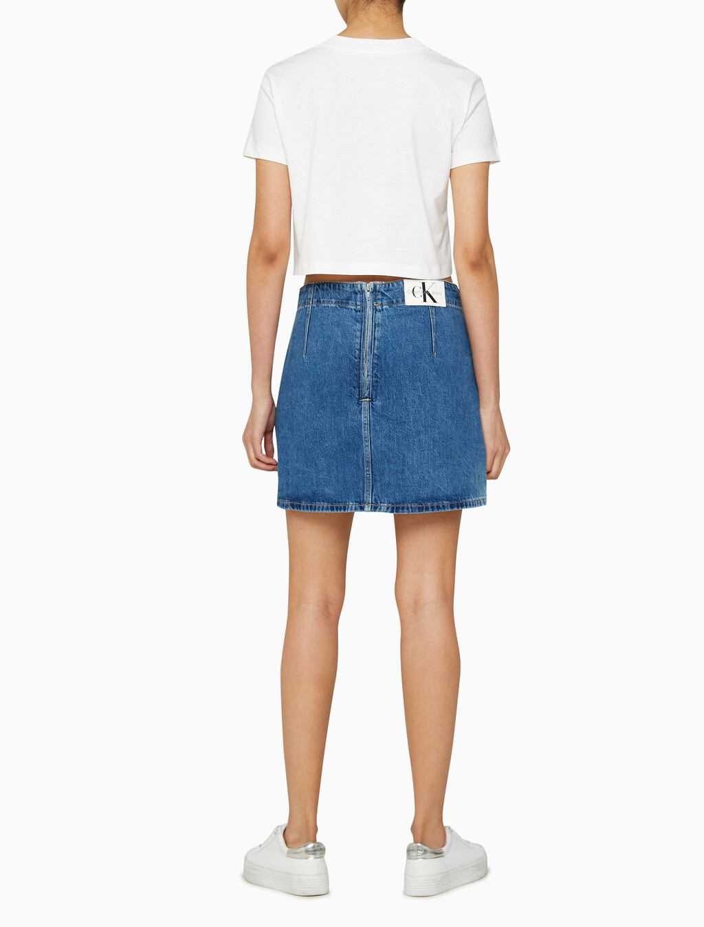 Buy 여성 미드라이즈 A라인 다티드 미니 스커트 in color MID BLUE BACK EMBRO