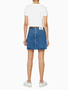 Buy 여성 미드라이즈 A라인 다티드 미니 스커트 in color MID BLUE BACK EMBRO