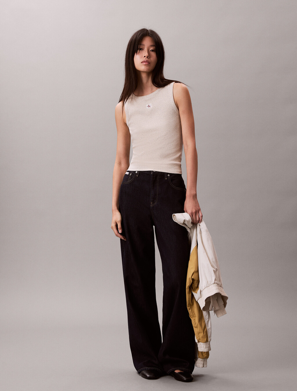 Buy 여성 우븐라벨 베이비립 탱크 in color VANILLA HEATHER