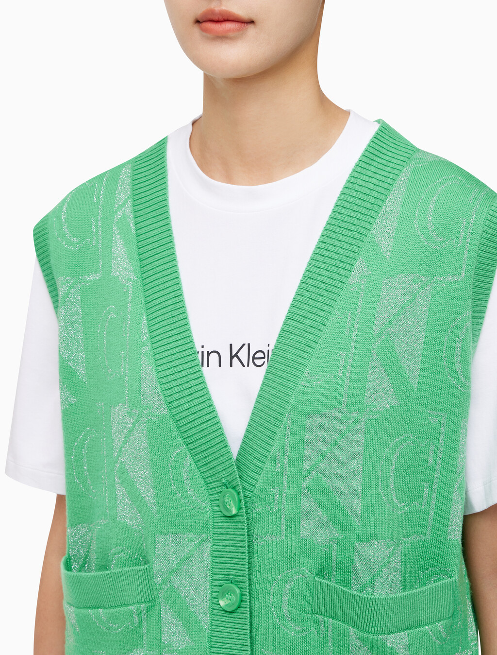 Buy 여성 프리미엄 라인 메탈릭 올오버프린트 베스트 in color GREEN