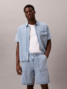 Buy 린넨 유틸리티 쇼츠 데님 쇼츠 in color Soft Blue