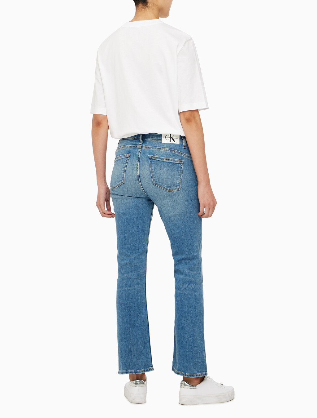 Buy 여성 하이라이즈 바디슬림 부츠핏 앵클 미드블루  데님 in color MID BLUE BACK EMBRO