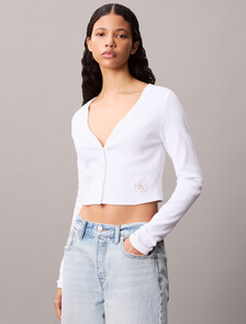 Buy 여성 우븐라벨 베이비립 가디건 in color BRILLIANT WHITE