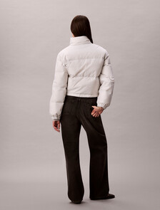 Buy 여성 AOP 로고 자카드 다운 자켓 in color silver