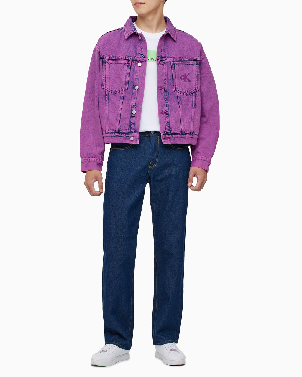 Buy 남성 박시 데님 자켓 in color MID BLUE BACK EMBRO