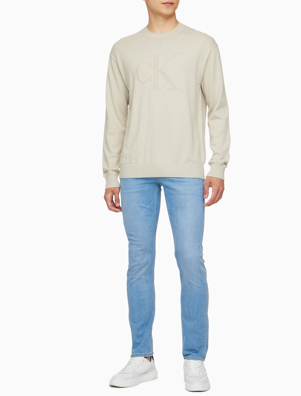 Buy 남성 CK 인타르시아 믹스 스티치 스웨터 in color BEIGE