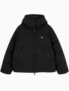 Buy 여성 글로시 립스탑 미드 랭스 후드 다운 in color BLACK