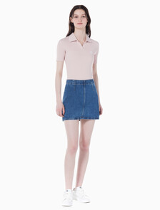 Buy 여성 미드라이즈 A라인 다티드 미니 스커트 in color MID BLUE BACK EMBRO