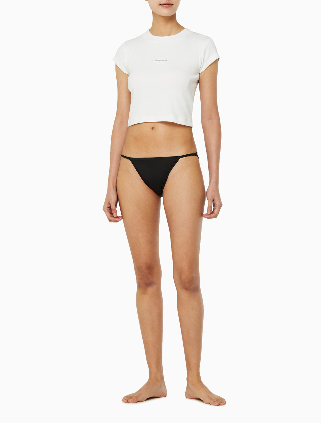 Buy 여성 CK 아이디얼 스트레치 마이크로 하이레그 스트링 비키니 in color BLACK