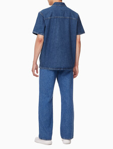 Buy 남성 데님 캠프 반팔 셔츠 in color MID BLUE BACK EMBRO