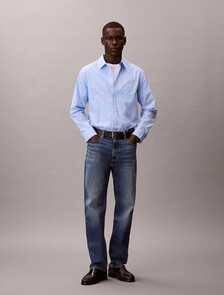 Buy 남성 스트라이프 워시드 팝플린 릴렉스 셔츠 in color Deep Indigo Blue