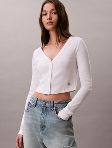 Buy 여성 우븐라벨 베이비립 가디건 in color BRIGHT WHITE