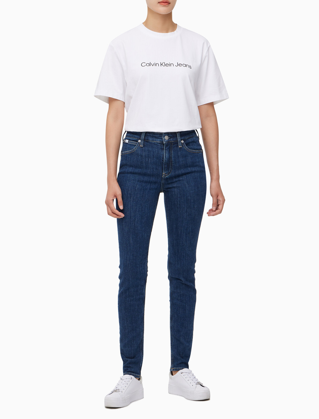 Buy 여성 하이라이즈 스키니핏 기모 미드블루 데님 in color MID BLUE BACK EMBRO