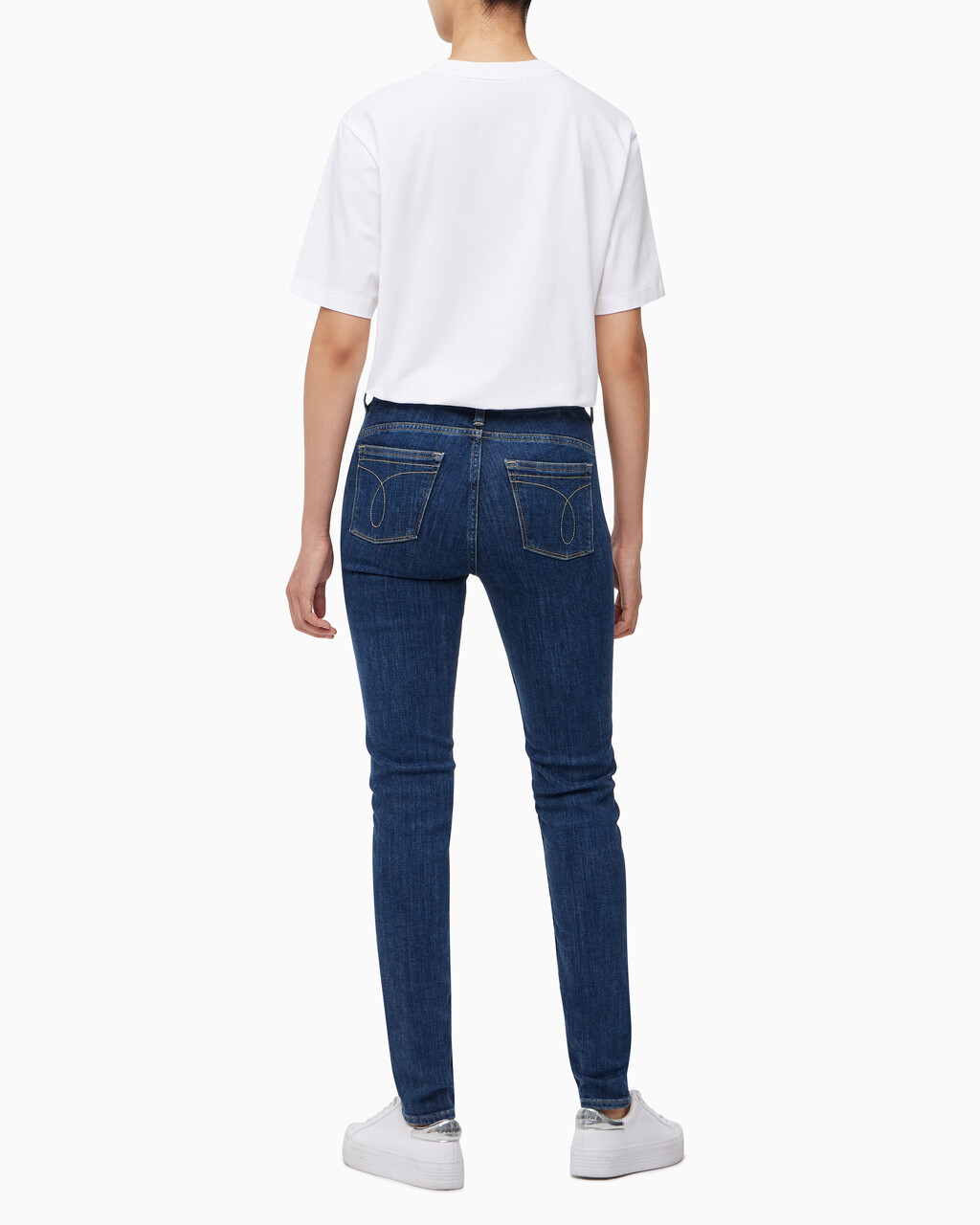 Buy 여성 하이라이즈 스키니핏 기모 미드블루 데님 in color MID BLUE BACK EMBRO