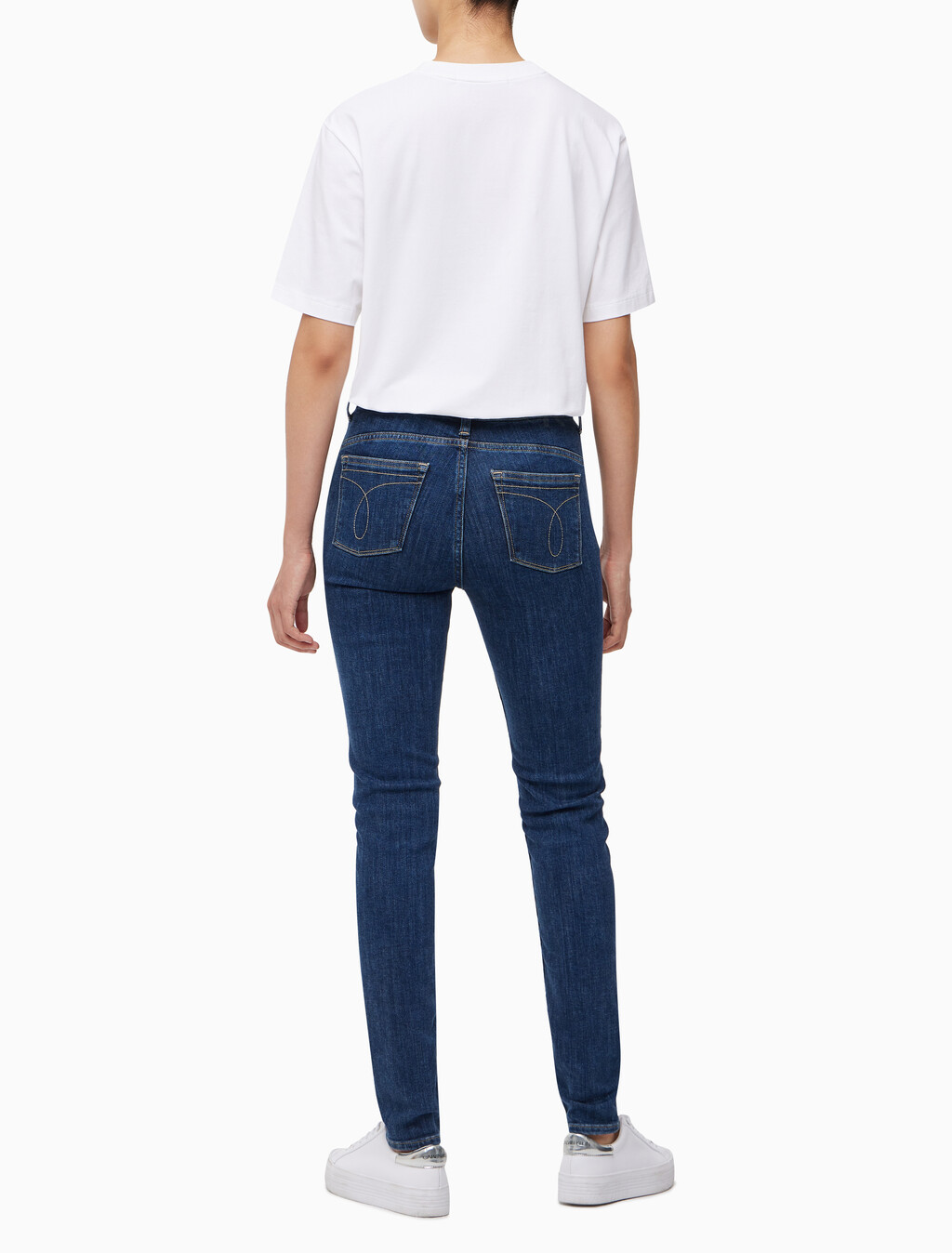 Buy 여성 하이라이즈 스키니핏 기모 미드블루 데님 in color MID BLUE BACK EMBRO