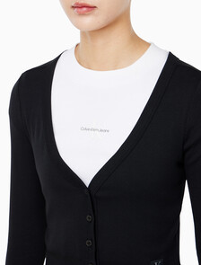 Buy 여성 우븐라벨 베이비립 가디건 in color BLACK