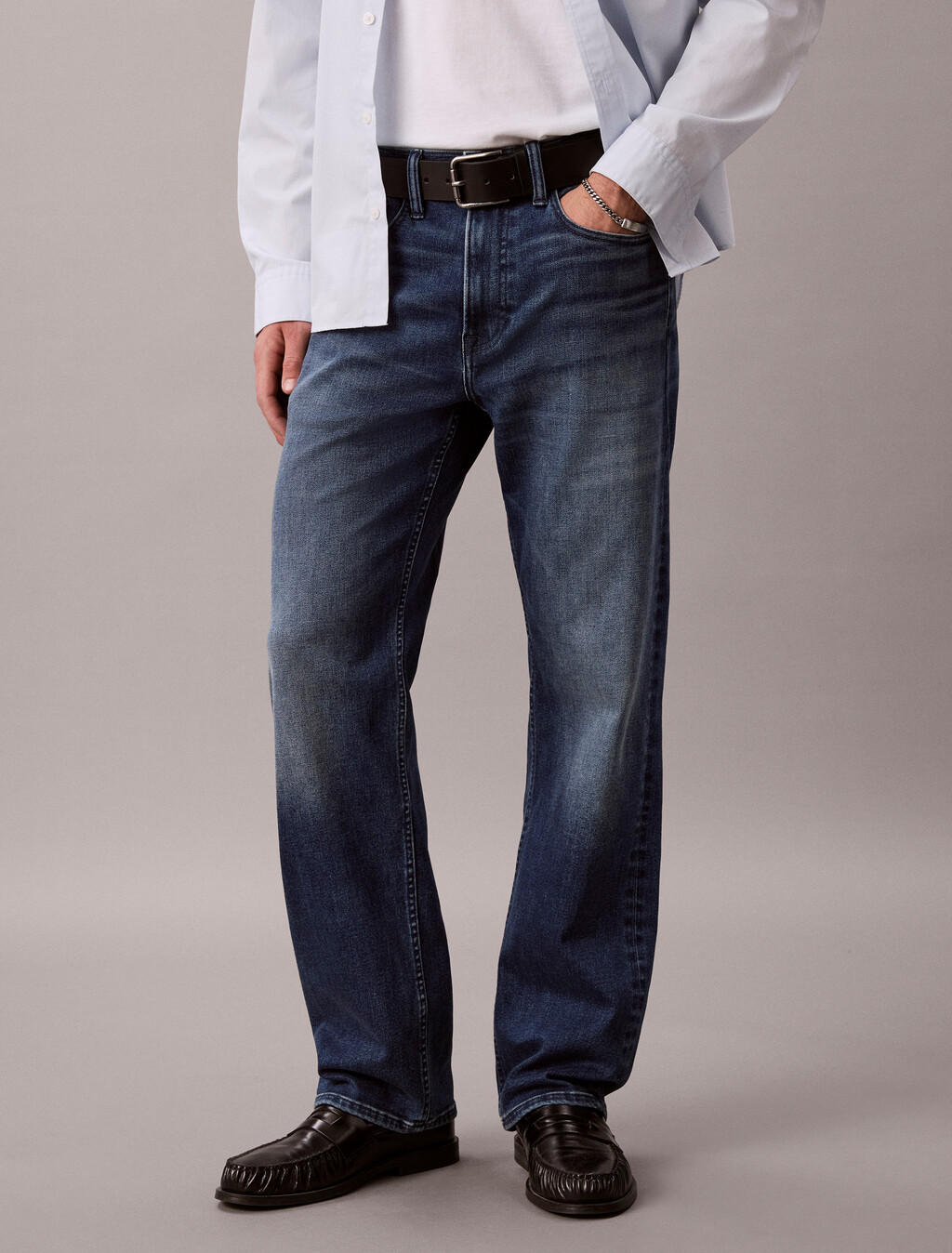 Buy 남성 90s 스트레이트 다크 블루 문 써모 데님 in color Denim Blue