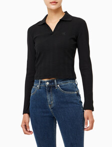 Buy 여성 립 슬림 폴로 롱슬리브 탑 in color CK BLACK