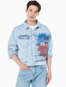 Buy 남성 오버사이즈핏 박시 크롭 데님 재킷 in color CHALKY BLUE