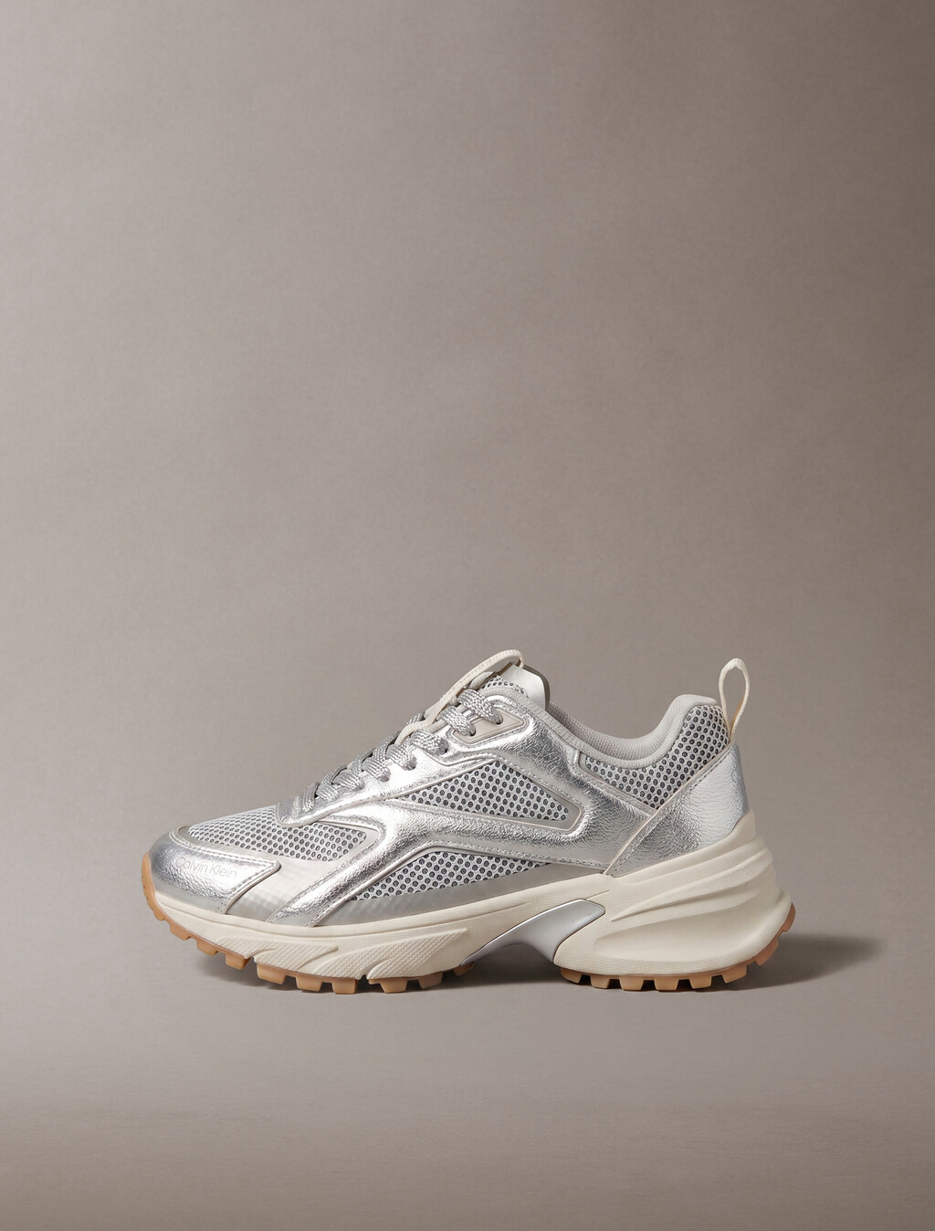 Buy 여성 하이크 러너 CK 스트라이프 메쉬 레더 메탈 스니커즈 in color Silver/Dk Ecru/Light Gum