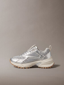 Buy 여성 하이크 러너 CK 스트라이프 메쉬 레더 메탈 스니커즈 in color Silver/Dk Ecru/Light Gum