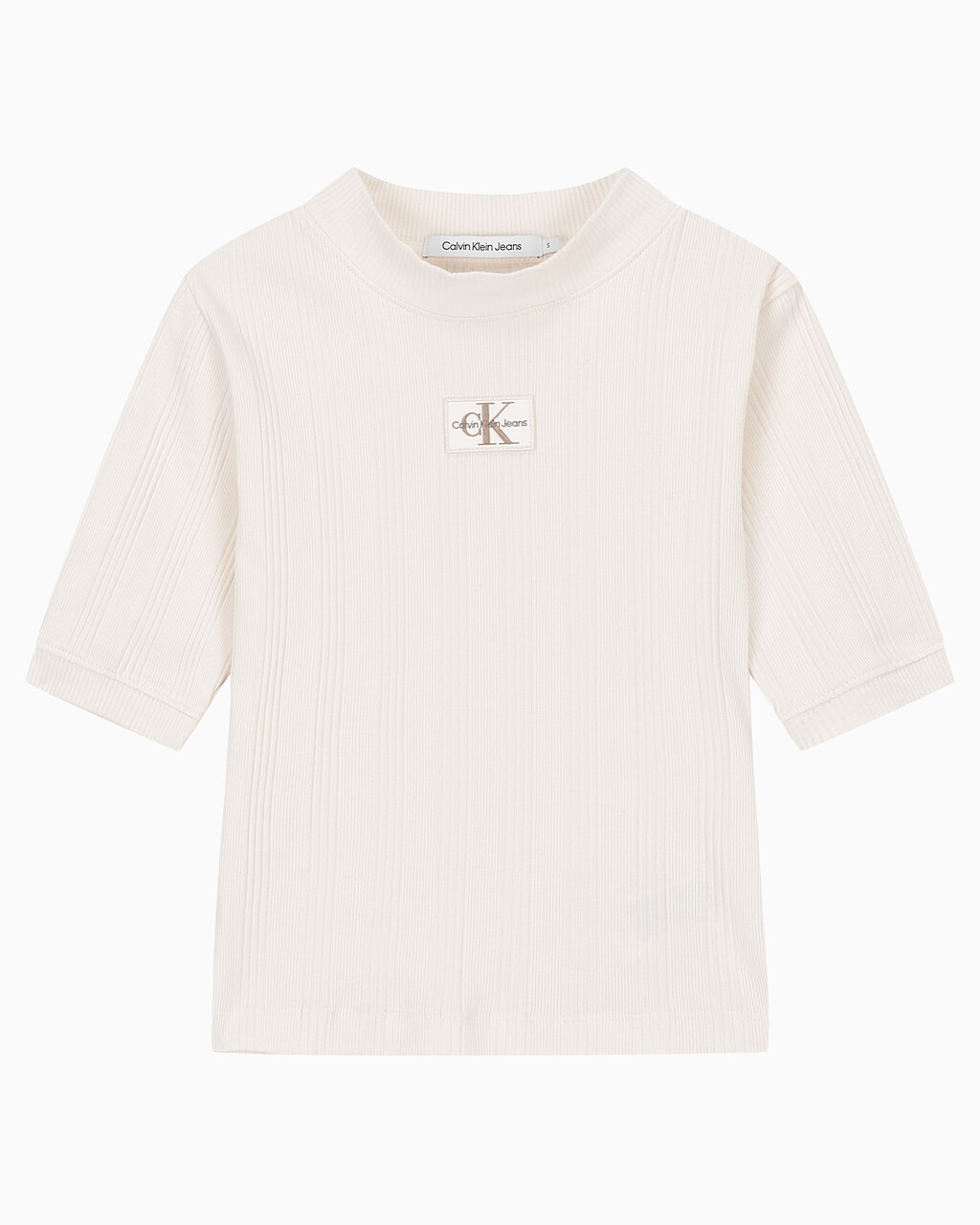 Buy 여성 모노그램 로고 뱃지 립 슬림핏 반팔 티셔츠 in color WHITE